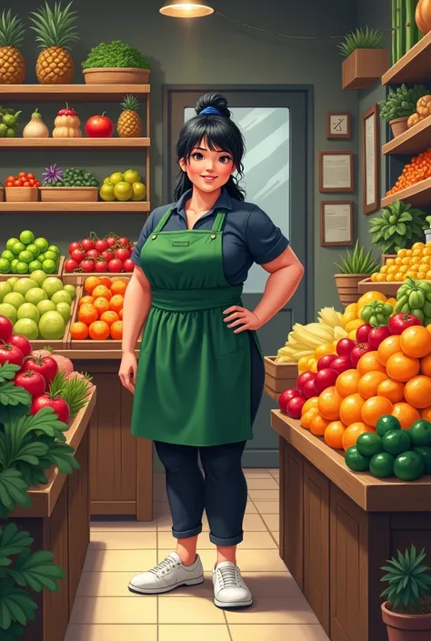  Furniture for a fruit and vegetable store.  There is a sturdy lady in white shoes ,  black pants, dark blue shirt and wears a green apron .  Her black hair is tied in a bow.