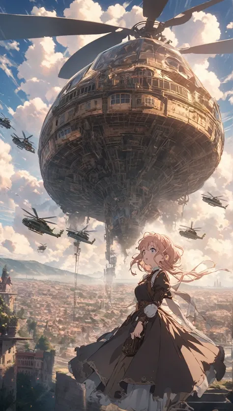 (最 High Quality 、masterpiece、 high definition 、Familiar with),, break,Anime, 8k,  High Quality , Anime style,  in a steampunk world ,  a helicopter that runs on steam and gears flies over the city , break passing over the head of a girl standing on a hillt...