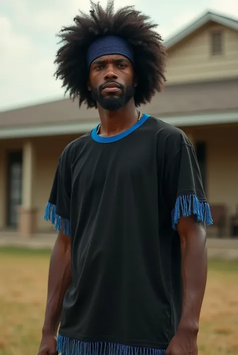   African-American Black Hebrew Israelite man  he has really big afro, he has a full bread that frames his face,, he is tall, and lanky, Mitre head band He is wearing a black t-shirt with a border of blue with fringes on the bottom hem, he is cold, introve...