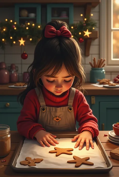 Une petite fille de 5 ans fait des biscuit en pain d’épices en forme de bonhomme dans une cuisine la veille de Noel, elle est seule. Elle est triste car ses biscuit sont rater