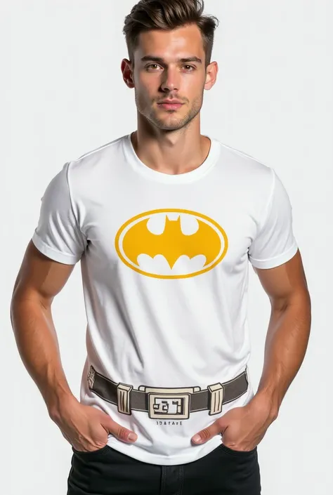  white t-shirt with Batgirl logo and belt imprinted
