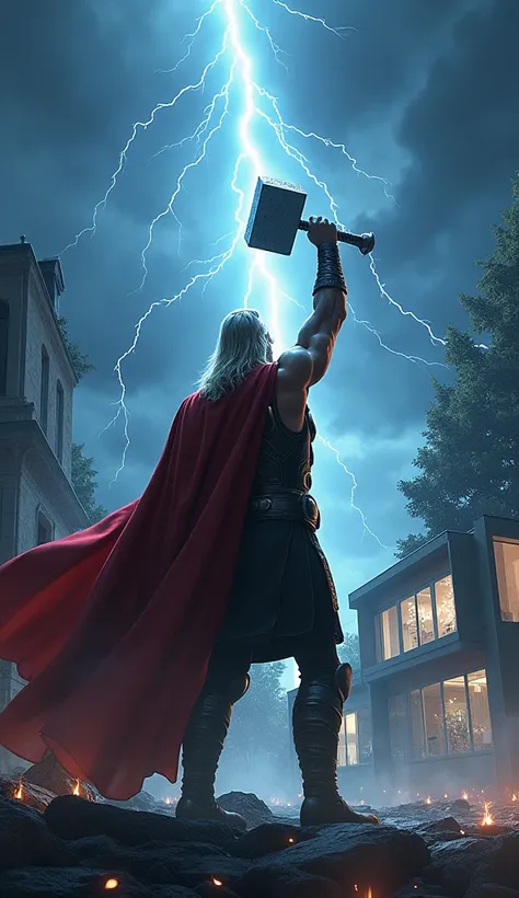 Left Side: Illustrate Thor raising Mjolnir on the rooftop, summoning a lightning bolt that illuminates the stormy night sky. His cape and armor gleam in the electric light.
Right Side: Show a modern house with a cracked glass wall, struck by lightning. Sur...