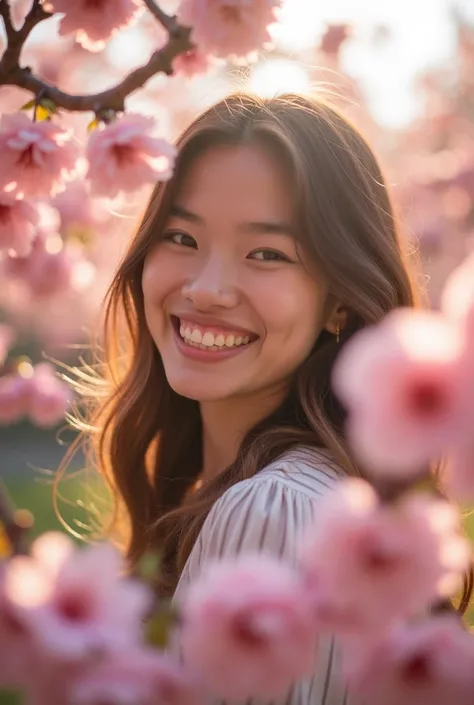 Cheerful, extro-fun, she works as a photographer and often takes pictures of cherry blossoms.