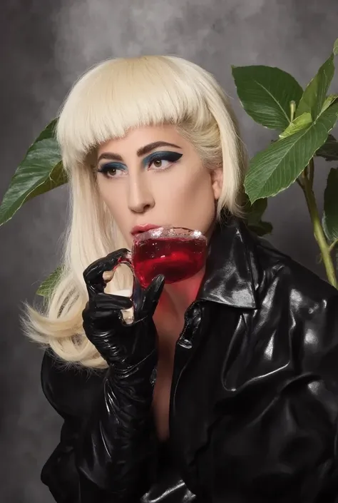 Lady Gaga Drinking a red tea with blonde hair with bangs and latex black outfit