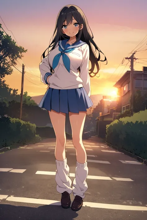  black hair long hair　 glasses showing my back　 sailor suit 　 loose socks　Big Breasts　 pretty girl　Country Road　summer　after school　View from below　Sunset　 is showing the whole body　smile　The shoes are black　 A little bit like an older sister