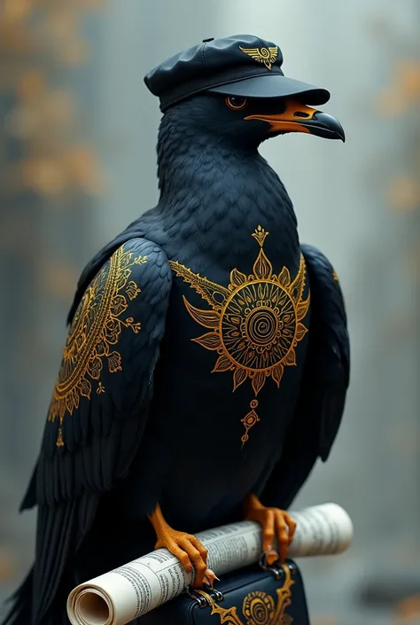 A black seagull with mandala tribal tattoo in gold with a black cap and a carrying bag for the newspaper roll.