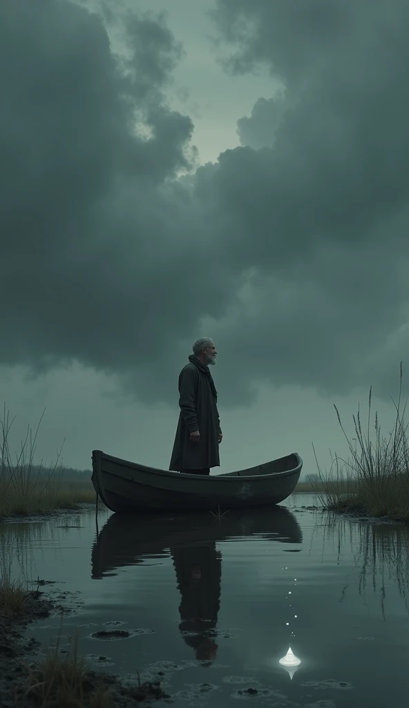 A quiet scene with a dark sky ; a single drop of water falls on a puddle while Noah looks up to the sky in the boat.