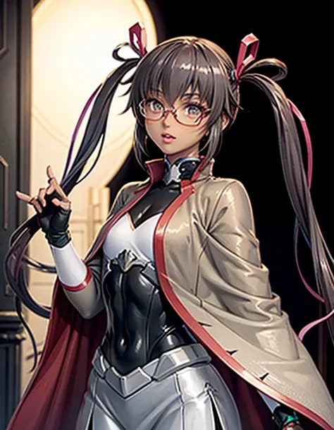 super fine illustration, vibrant colors, masterpiece, sharp focus, best quality, depth of field, cinematic lighting, ultra detailed,, vampire,Musashi kai ni, dark skin, gloves, partially fingerless gloves, glasses, white hair, long hair, twintails, headgea...