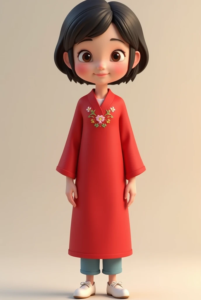 Short hair teacher,  skew to hug face , brunette ,  saggy face ,  wearing red Vietnamese long dress ,  on chest with baby flower embroidery , light blue trousers ,  loose sleeves heart feet wearing white bow shoes, 3D chiphi style animation 