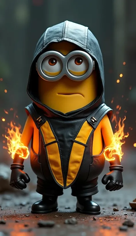 imagine a realistic minion in 4k with the clothes and powers of the scorpion from mortal combat