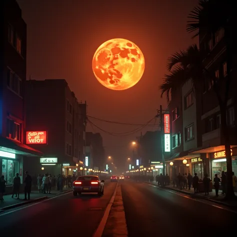 Orange moon, 90s vibes, nostalgic atmosphere, vibrant colors, film photography, soft focus, grainy texture, warm tones, retro aesthetic, night sky, urban landscape, capturing the essence of the 90s, masterpiece photograph by a renowned photographer, high r...