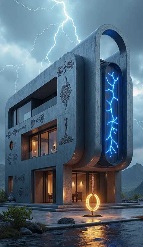 
"A modern house inspired by Thor, blending futuristic design with Norse mythology. The structure features a robust, fortress-like appearance with metallic silver and stormy gray accents, complemented by glowing blue elements resembling lightning. Hammer-s...