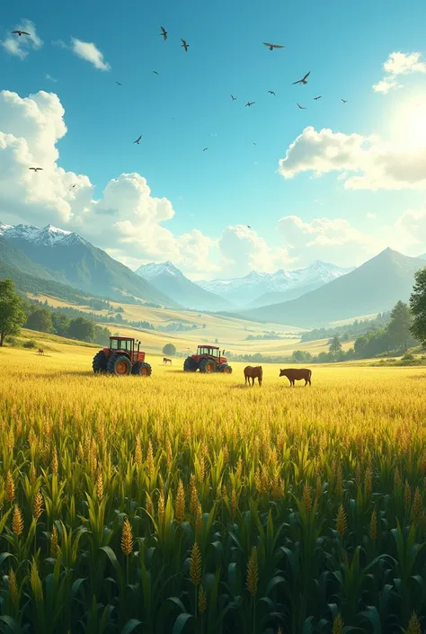 Close-up of a beautiful country landscape planted with corn grits , tractors,  horses and cattle on a magnificent sunny day and low-lying mountains in the distance and birds flying in the sky 