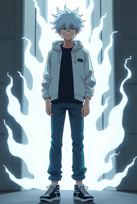 A 16-year-old white-haired boy with white eyes wearing black puma sneakers with black jeans with a white aura coming out of him,Completely 2d anime style