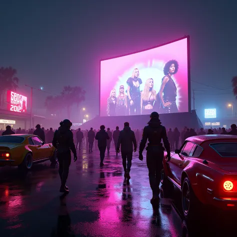 A vibrant night drive-in scene set in a bustling cyberpunk city, neon lights reflecting off sleek futuristic cars, a large screen displaying retro films, crowds of people in stylish cybernetic attire, atmospheric fog, cinematic composition, high contrast, ...