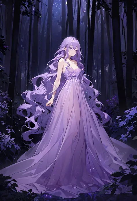 Girl with long wavy hair, wearing a transparent purple dress, naked, full body. facing a Full Body black Male faceless, forest, night, Full Body, close to each other, looking in the eyes, fantasy