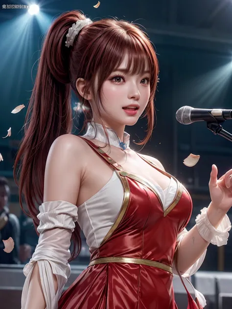 extremely detailed cg unity 8k wallpaper, beautiful paintings, (( dark red hair 、 left side ponytail )), (( almond-shaped eyes :...