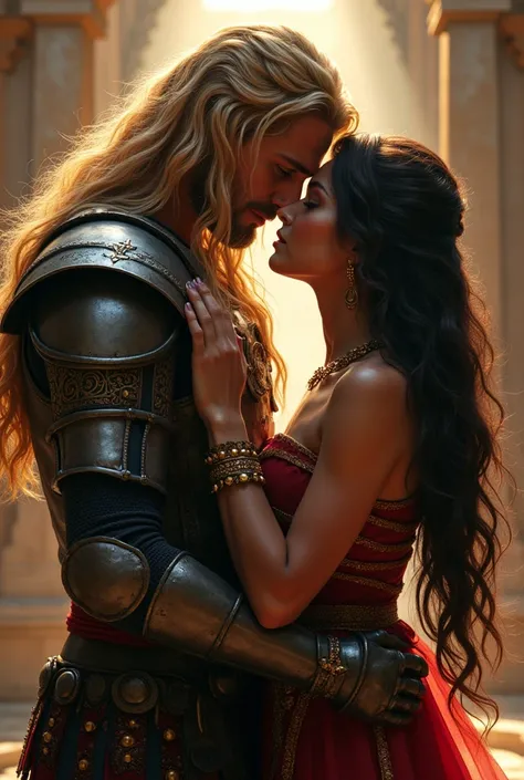 Long haired blonde blue eyed warrior with brown eyed latina queen kiss