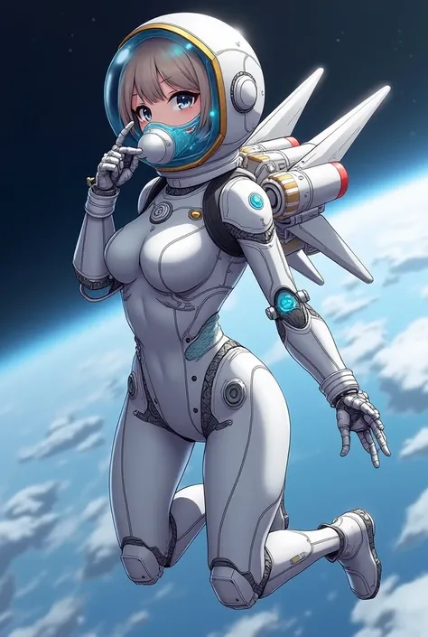 Anime girl wearing a white Robotic spacesuit and tubes with blue liquid are connected to her body and to her mask connected to her mouth and rocket and metal jet wings attached on her back and shes flying in the space