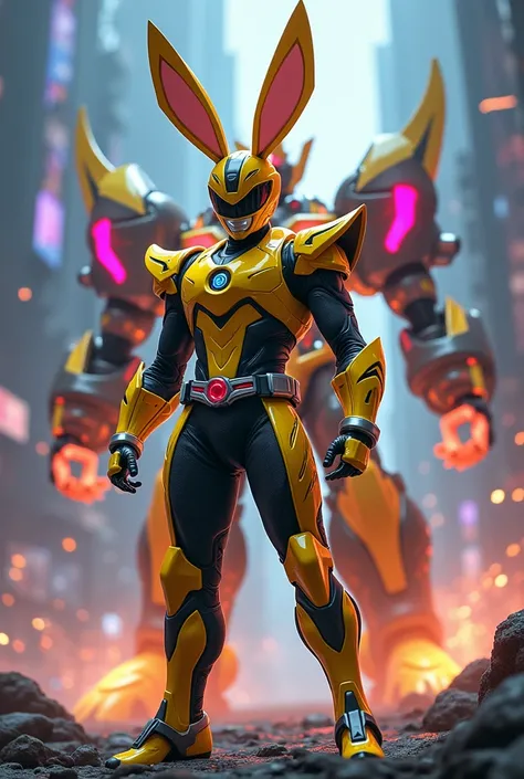 Yellow ranger ninja samurai motive with rabbit megazord in cyber city with pink and blue neon light 