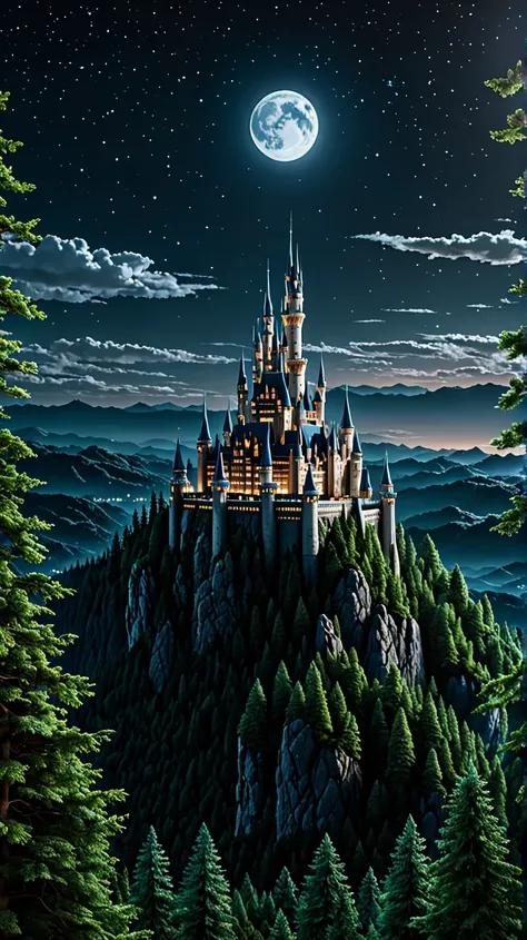 (masterpiece),(highest quality),highres, (extremely detailed), sci-fi, skyline, ultrahd, 4k, forest,starring night, full moon, castle,