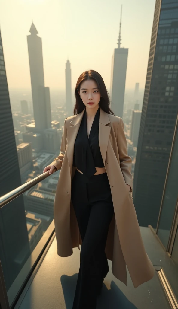 A stunning and elegant Chinese giantess with perfect golden ratio body proportions, wearing a sleek professional OL outfit, confidently walking through a modern cityscape, towering over skyscrapers. Seen from the perspective of a high-rise buildings floor-...