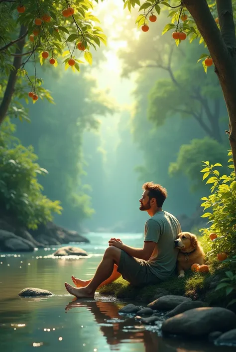 Man on the riverbank with dog fruit on his mother in the forest 