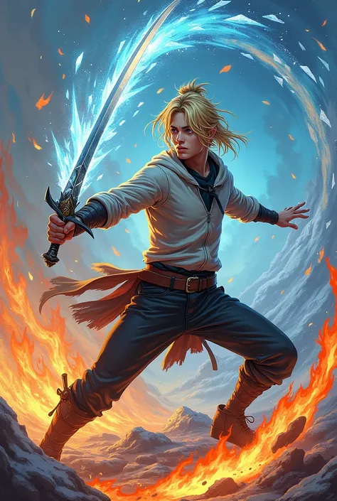 Young man around 18 who is a magic swordsman with tied blond hair, Using Fire and Ice Magic . In manga format