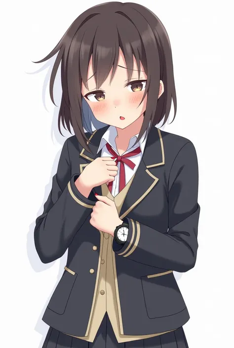 Anime girl wears a worried school blazer with a white background and a full body and with pink nails and a black watch with her fist on her chest with an emotion of nervousness and with an expression of concern 