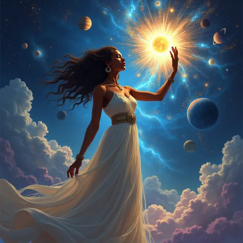 woman with brown skin taking the energy of the planets to paint a picture