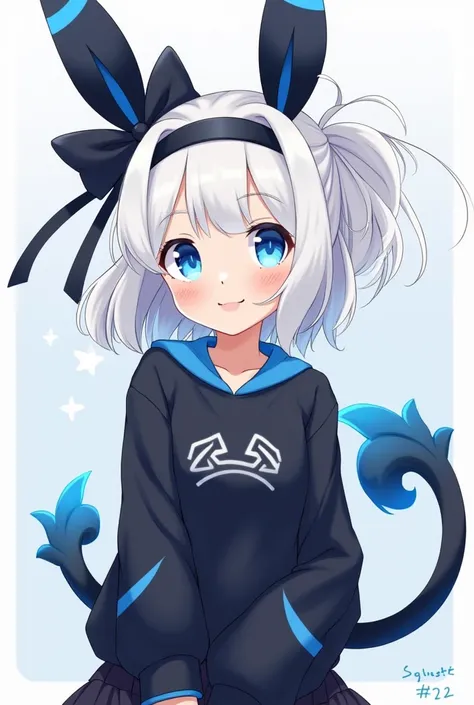 a human anime-style girl with blue eyes and white hair who has Umbreons dark ears and tail and Sylveons ribbons and wears a black and blue sweatshirt and skirt,  smiling cheerfully .