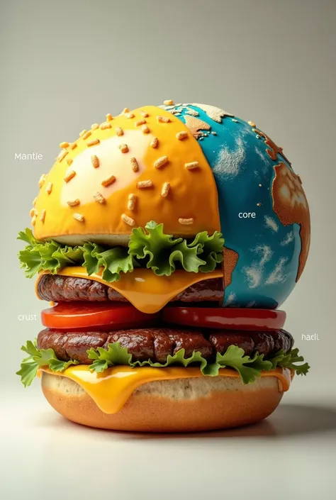 hamburger with cheese coating as if it were the earth and its spheres as ingredients of the hamburger pointing to the spheres and its name
