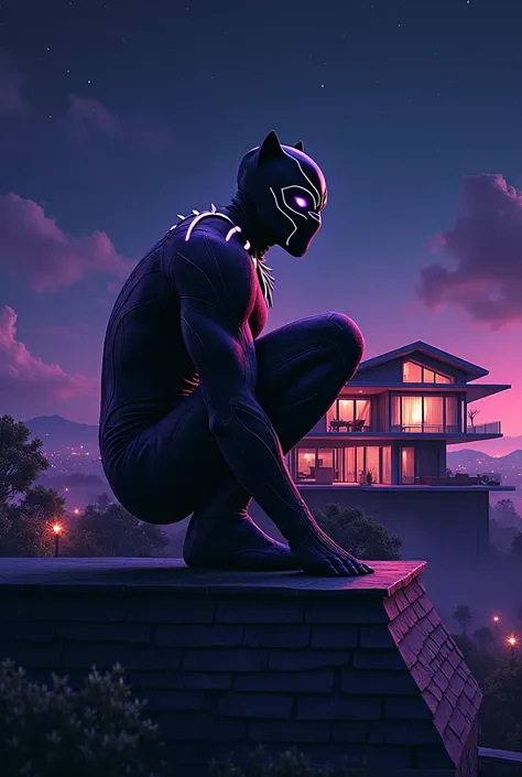 Left Side: Depict Black Panther crouched stealthily on the rooftop, his suit glowing faintly with purple energy under a dark, star-streaked sky.
Right Side: Show a sleek, Wakandan-inspired modern house, blending futuristic architecture with nature. The hou...