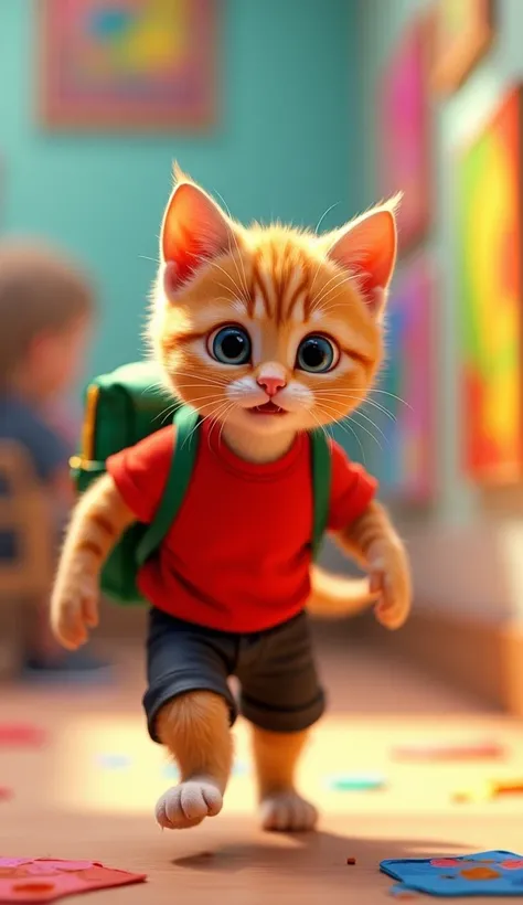 In cinematic 3D style, HD image, realistic image, colourful image.
Character, Orange baby cat wearing red t-shirt and black shots,
Action,An orange baby cat is walking and having fun in the school gallery. A green colored school bag is tied on his back. Pa...