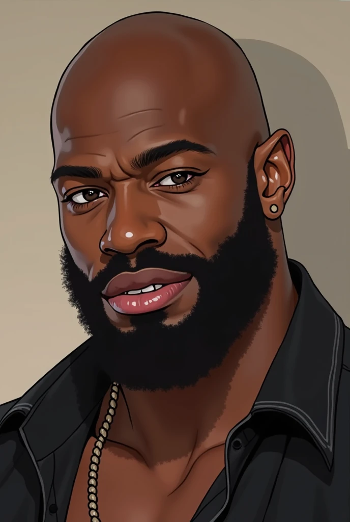 Black Man in his mid-30s, Bald headed, He has a slight beard, Slightly smiling、
Sexy feeling、An illustration