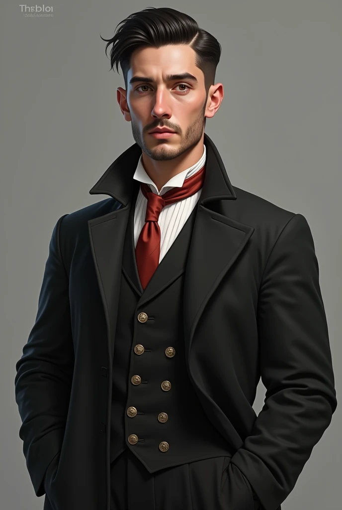 ((best quality)), ((masterpiece)), (detailed), (masterpiece, best quality:1.2), highly, detailed, highres, solo focus, one male person, white skin, black hair, very short beard, Side Part medium hairstyle, black gabardine, black suit, red tie, black skirt,...