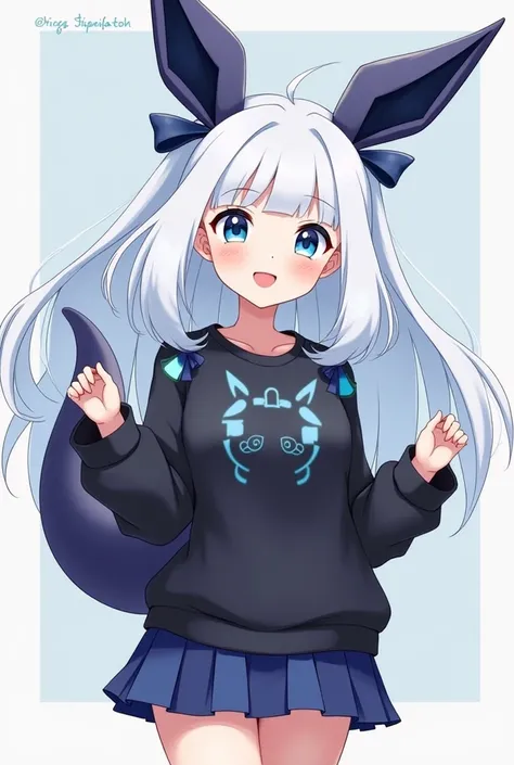 a human anime-style girl with blue eyes and white hair who has Umbreons dark ears and tail and Sylveons ribbons and wears a black and blue sweatshirt and skirt,  smiling cheerfully .