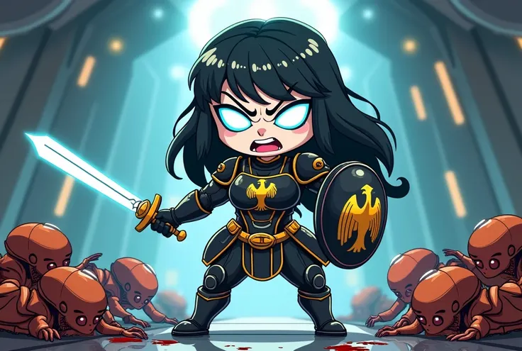 Create a full-body illustration in chibi style/ Cartoon of an angry woman , white skinned,  eyes covered by a cybernetic visor that emits a bluish glow from her horizontal lens and long black hair.  She wears a high-tech version of the Roman Praetorian Gua...