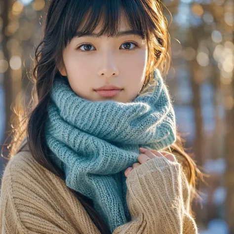 A hyper-realistic image of a single Japanese woman in her early 20s, captured with the nostalgic warmth and subtle graininess of a film camera. She is dressed in diverse winter attire, such as a puffy down jacket, a long trench coat, a knit sweater, or a w...