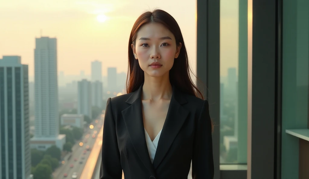 A stunning and elegant Chinese giantess with perfect golden ratio body proportions, wearing a sleek professional OL outfit, confidently walking through a modern cityscape, towering over skyscrapers. Seen from the perspective of a high-rise buildings floor-...