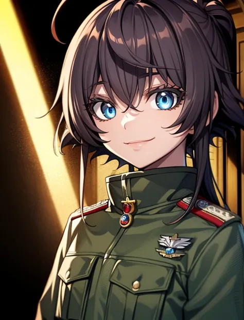 Degurechaff, military uniform, smile, teen, blue eyes, psychotic eyes, detailed face, vibrant colors, sharp focus, intense lighting, surrealistic atmosphere, wartime setting, magical elements