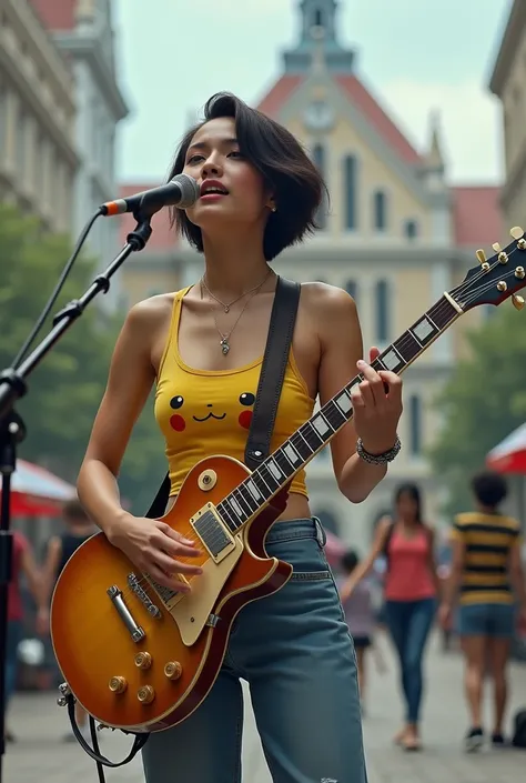  an beautiful indonesian woman, short hair , wearing a tanktop with pikachu face, cleavage,  jeans and leather boot, holding and playing les paul guitar. Busking on the city hall street. 