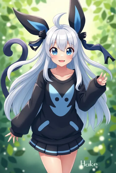 a human anime-style girl with blue eyes and white hair who has Umbreons dark ears and tail and Sylveons ribbons and wears a black and blue sweatshirt and skirt,  smiling, on a green wallpaper 