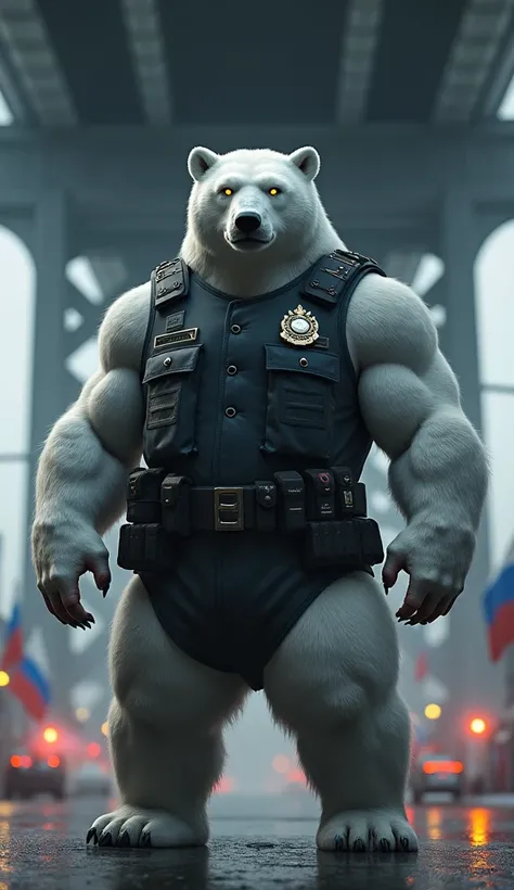 A highly detailed anthropomorphic polar bear with glowing golden eyes, depicted as a heroic figure. the polar bear is muscular and wears a police outfit. He wears a badge displayed prominently on his chest and a utility belt with pouches and weapons. The s...