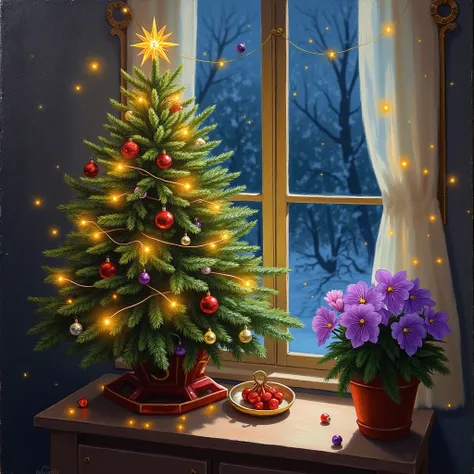 ::::
::::






Christmas night, oil painting, Christmas tree,
On a sunny morning, a pot of violets bloomed on the windowsill