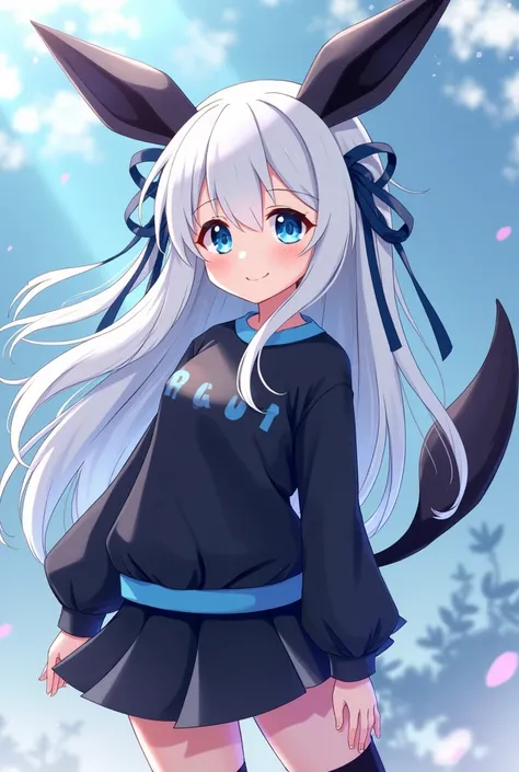 a human anime-style girl with blue eyes and white hair who has Umbreons dark ears and tail and Sylveons ribbons and wears a black and blue sweatshirt and skirt, 