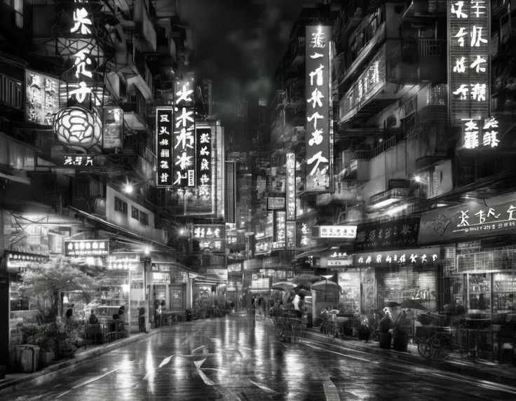 (snapshot:1.3) photo. of Beautiful Hong Kong neon city. realistic photos.Lively people of night (entertainment district:1.3).fixed focal lens, (black and white photos:1.8), high contrast,Hong Kong action cinema style,great lighting,dynamic angle, . BREAK ....