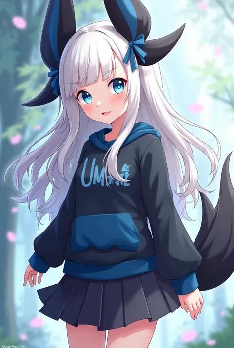 a human anime-style girl with blue eyes and white hair who has Umbreons dark ears and tail and Sylveons ribbons and wears a black and blue sweatshirt and skirt, 