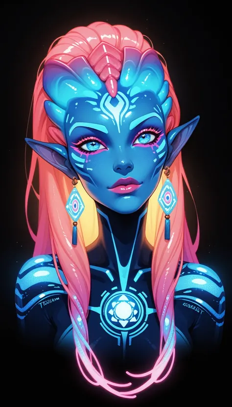 Medieval Extraterrestrial Creature, Alien Being, ((Non-Human)), Female seductive Alien, colorful skin, Holographic Alien Tribal, Tribal Alien Priestess, Glowing Makeup, Blacklight, Glowing, Seductive Alien, Black Background, Character Design Sheet, ((eye f...