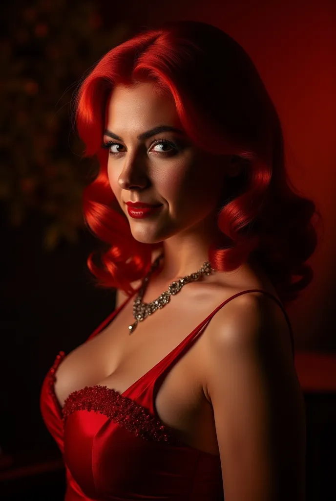 detailed environmental color portrait photograph of a young jessica rabbit., cinematic, dramatic lighting, high contrast, photor...